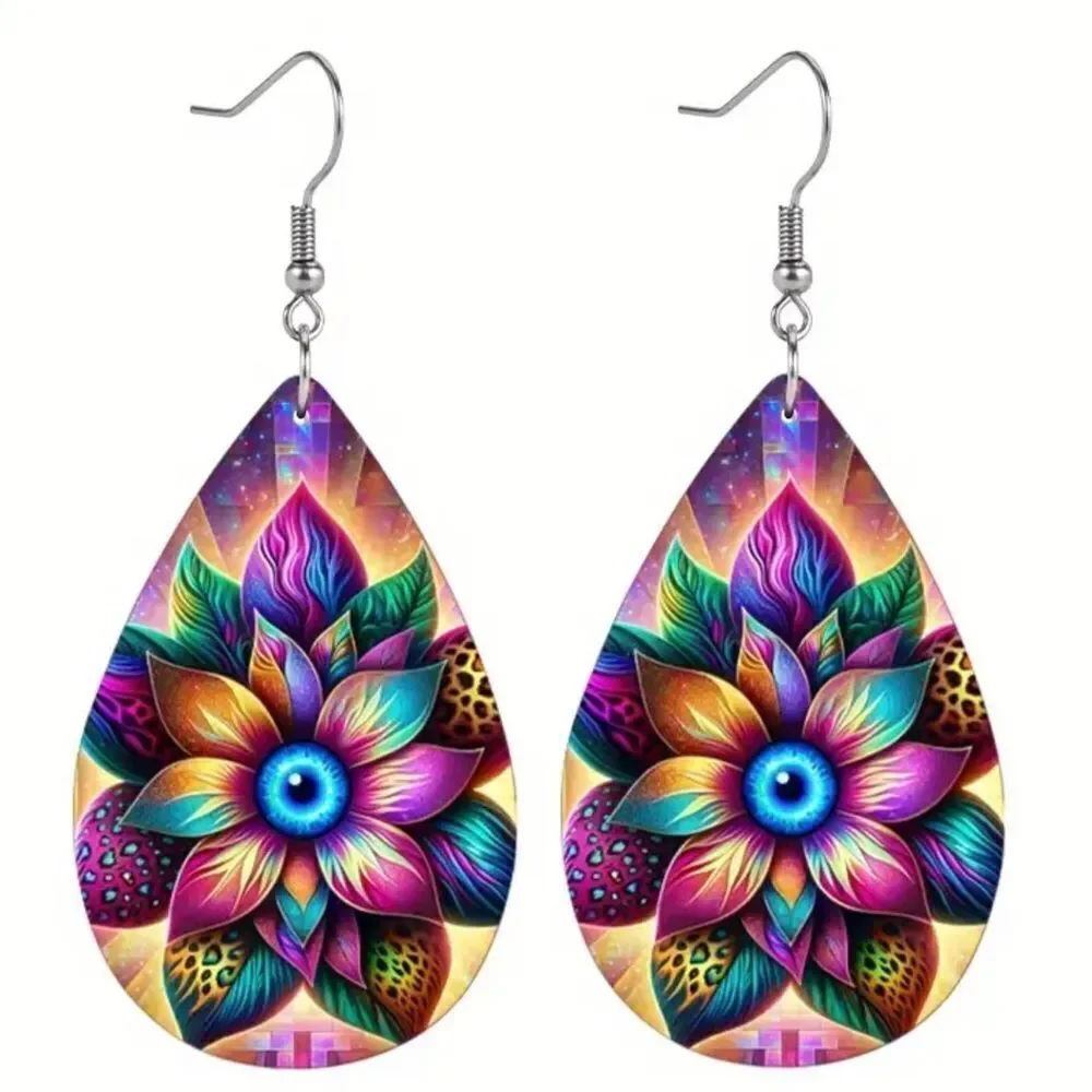Lotus Multi Color Faux Leather‎ Teardrop Dangle Earrings